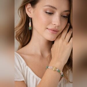 Handmade Boho Jade & Quartz Bracelet & Earring Set with Golden Buddha